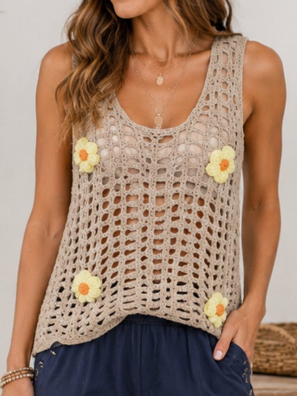 POL Beige Crochet Tank Top Floral Appliqué Open Knit Boho Layering Top Large